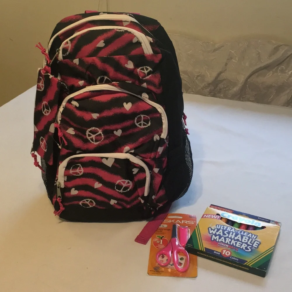 Backpack NEW 10 Pc Back to School Pink Hearts Peace signs markers scissors, More
